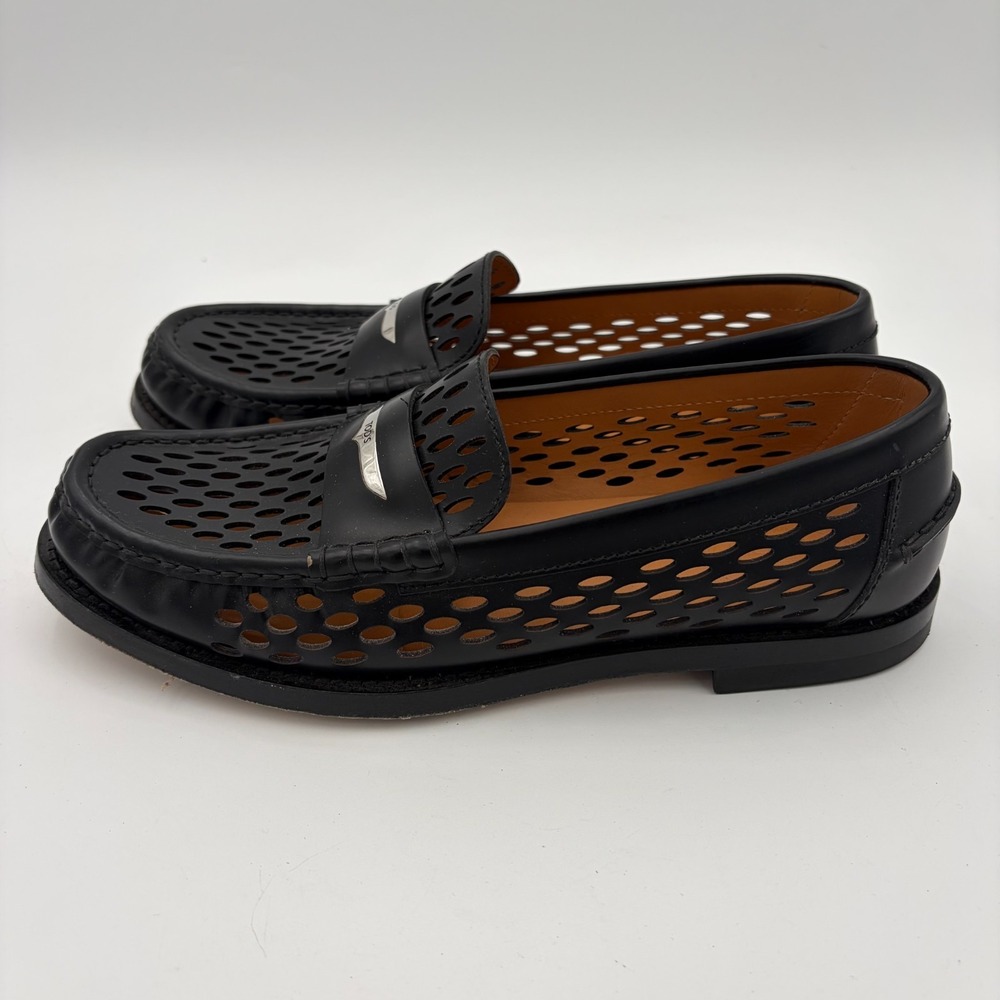 Tods Perforated Leather Driver Penny Loafers Womens 10 Black